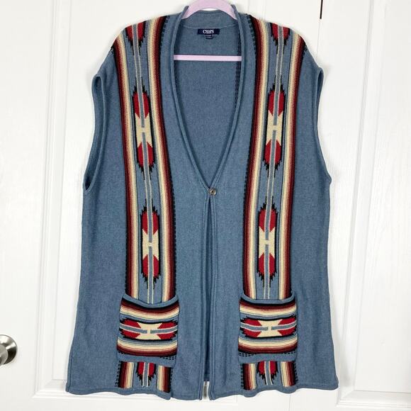 NWOT CHAPS Ralph Lauren Cardigan Sweater Vest 2X Aztec Open Blue Sleeveless 2Pkt - Picture 3 of 12